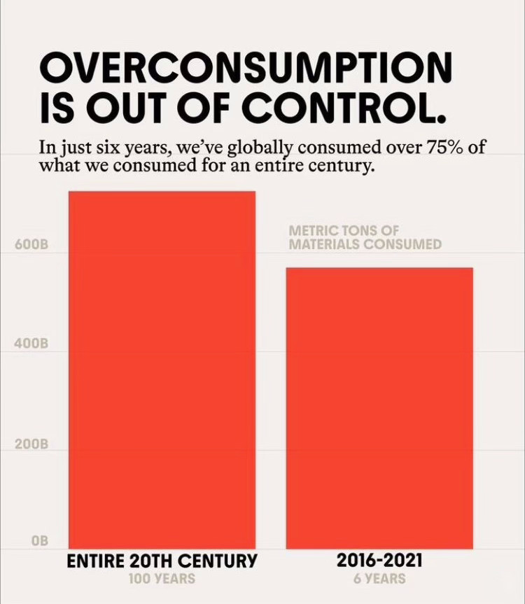 A bar chart saying "Overconsumption is out of control. In just six years we've globally consumed over 75% of what we consumed for an entire century" with bars showing the 740 billion metric tonnes of material consumed in the entire 20th century and the 582 billion tonnes of material consumed from 2016-2021